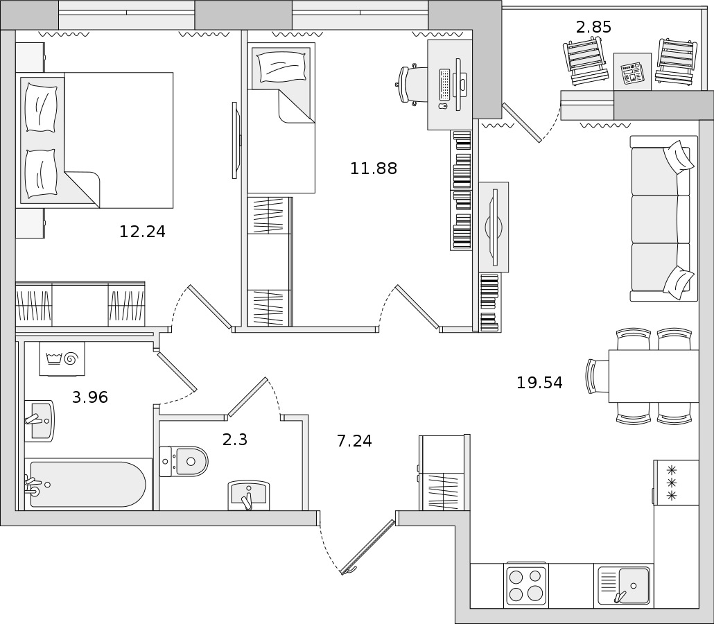 2-комнатная квартира 57.16 м², 14/18 эт., ЖК «Город Первых»